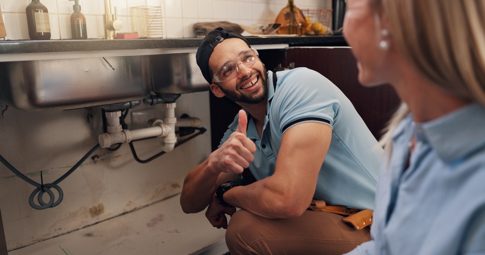 client talking to plumber