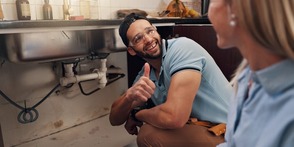 client talking to plumber