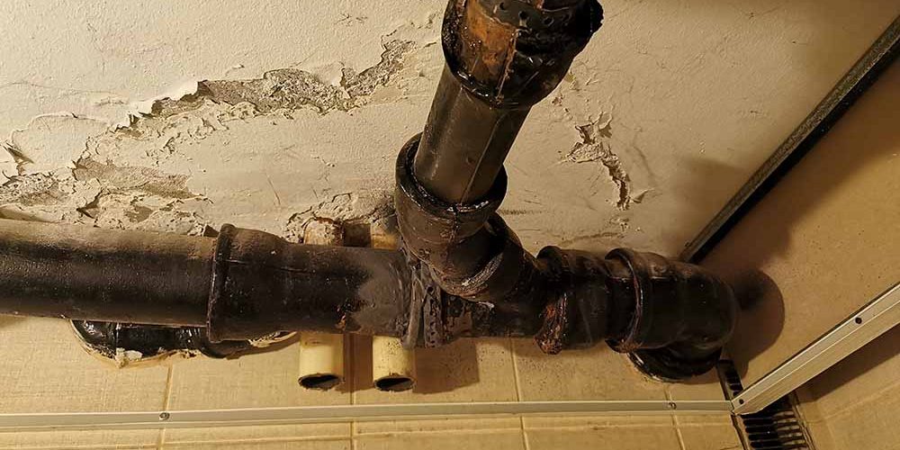 A damaged sewer pipe with water leaking out A damaged sewer pipe with water leaking out