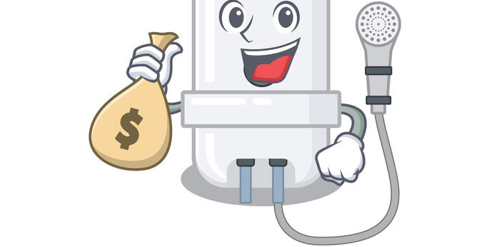 Crazy rich electric water heater mascot design having money bags Crazy rich electric water heater mascot design having money bags. Vector illustration