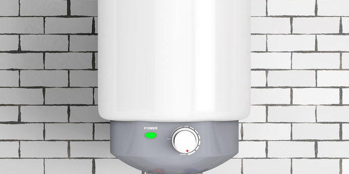 Modern Automatic Water Heater. 3d Rendering Modern Automatic Water Heater in front of brick wall. 3d Rendering.