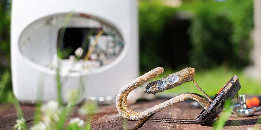 Heating element, rust and scale on boiler background, lying on wooden table. Concept of repair and maintenance of home appliances. Close up Heating element, rust and scale on boiler background, lying on wooden table. Concept of repair and maintenance of home appliances. Close up.